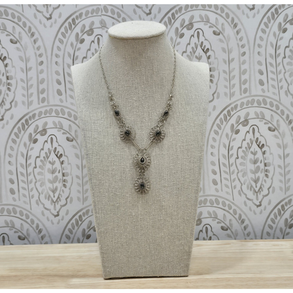 Silver Wire Wrapped Filigree Y Drop Necklace Black Spinel Gothic Victorian 14"